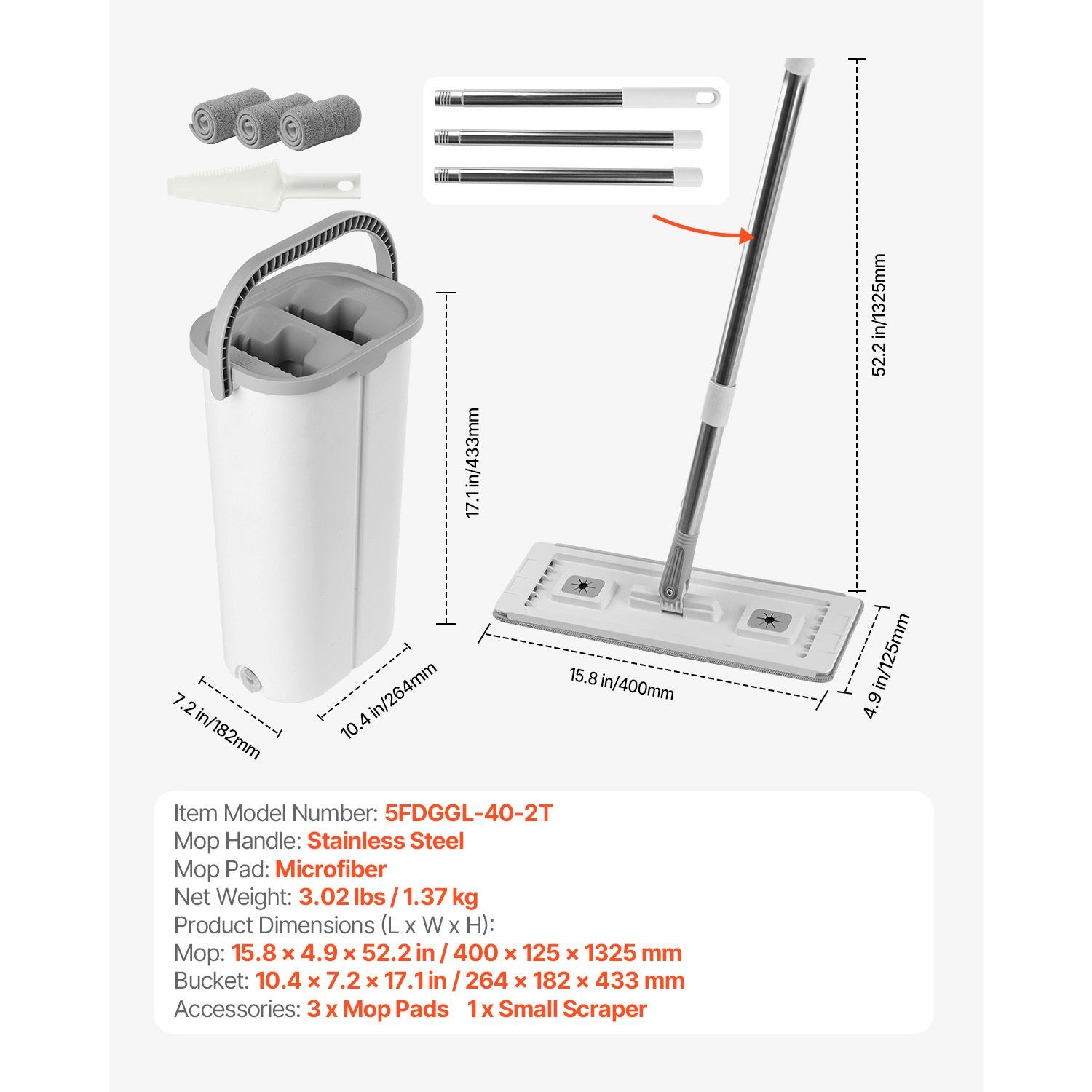 Mop and Bucket with Wringer Set, Wet & Dry Use, Flat Mop and Bucket System