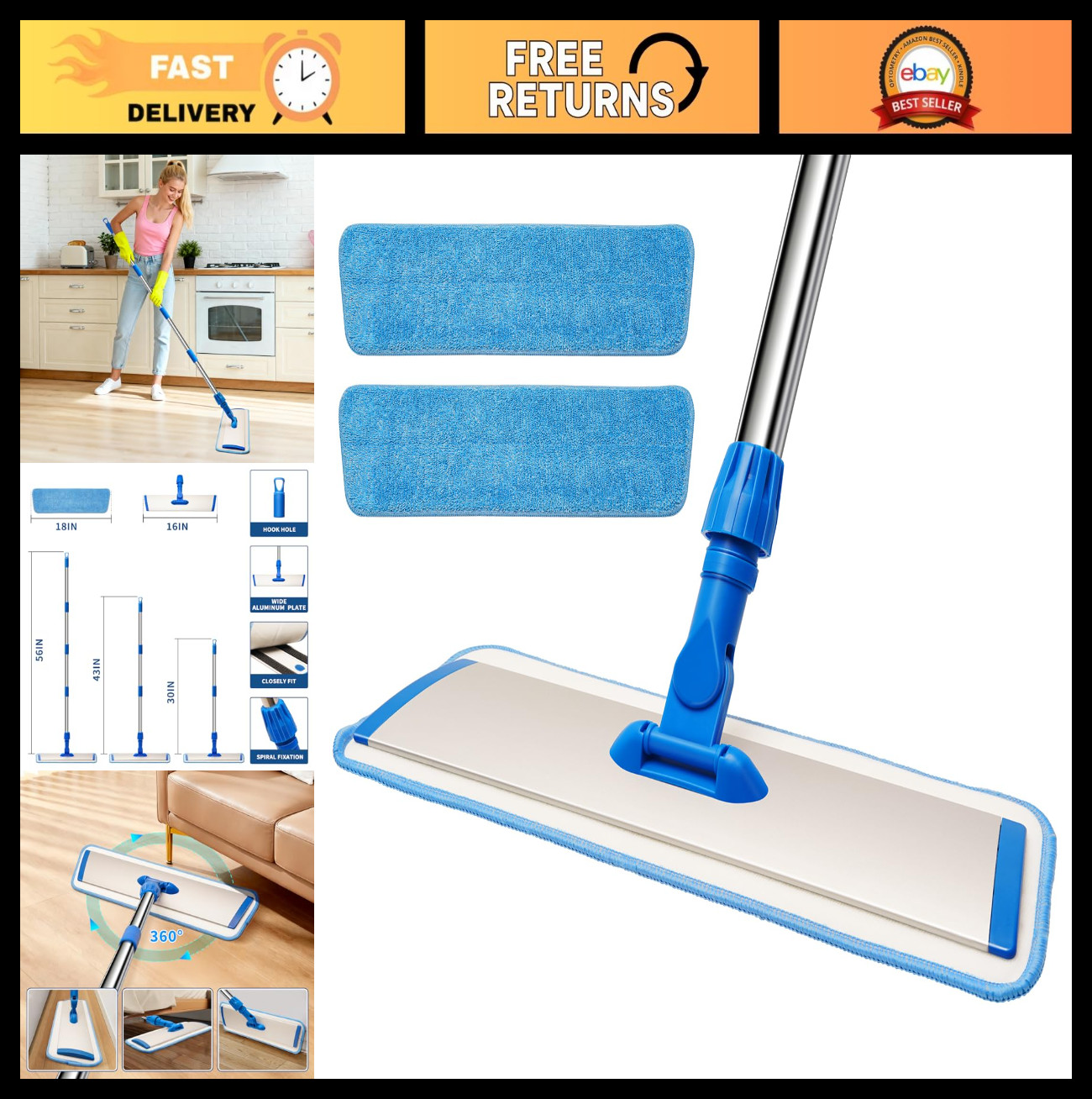 18″ Microfiber Flat Mop with Stainless Steel Handle, 360° Spin, 2 Washable Pads