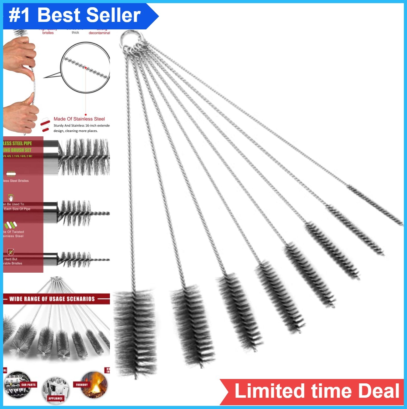 Pipe Cleaning Brush Set 8 Piece Stainless Steel 16 Inch Long Bottle Tube Auto