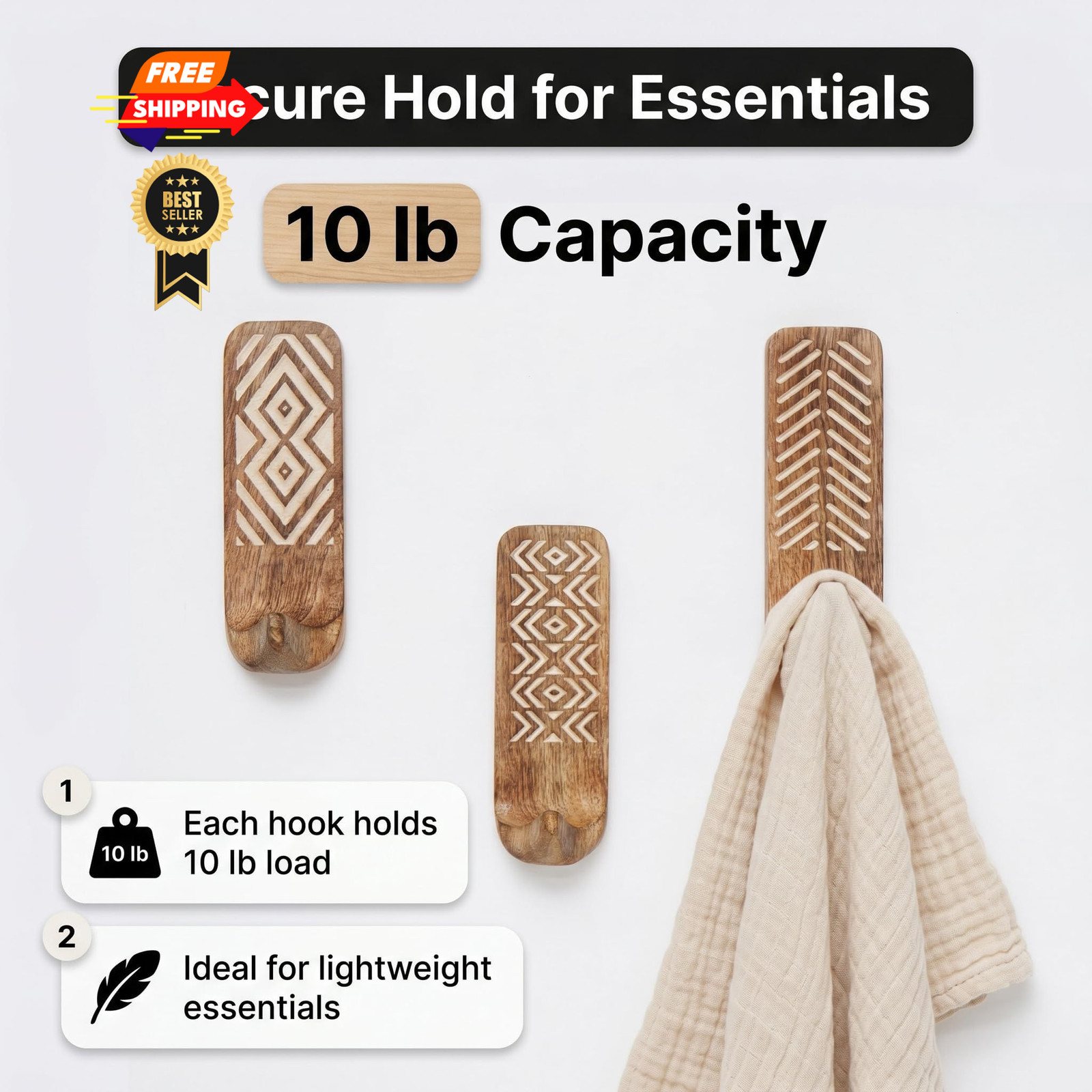 Indian Shelf 10 LB Decorative Wood Adhesive Wall Hooks 10 Cm, Brown Mix