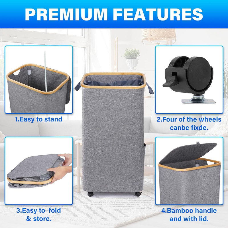 Wheeled Laundry Hamper with Lid, 100L Large Grey Clothes Basket Bamboo Handles