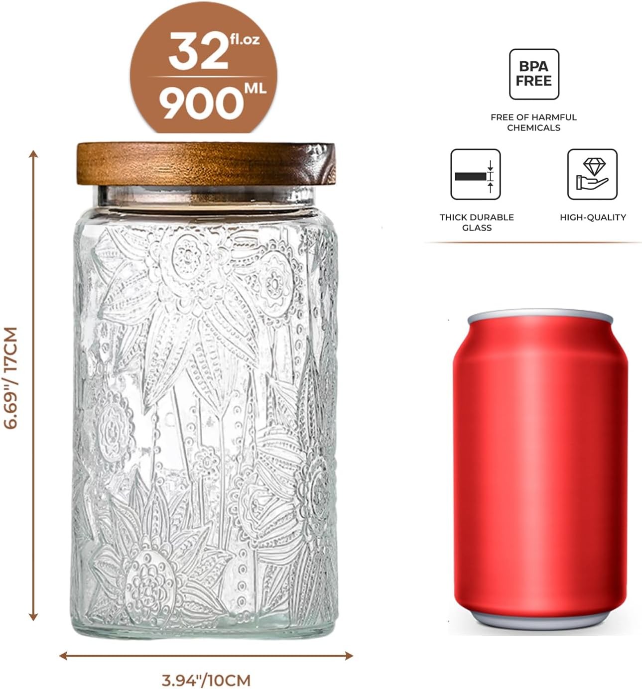 32oz Vintage Glass Jars With Lids, Airtight Food Storage Containers, Kitchen Can