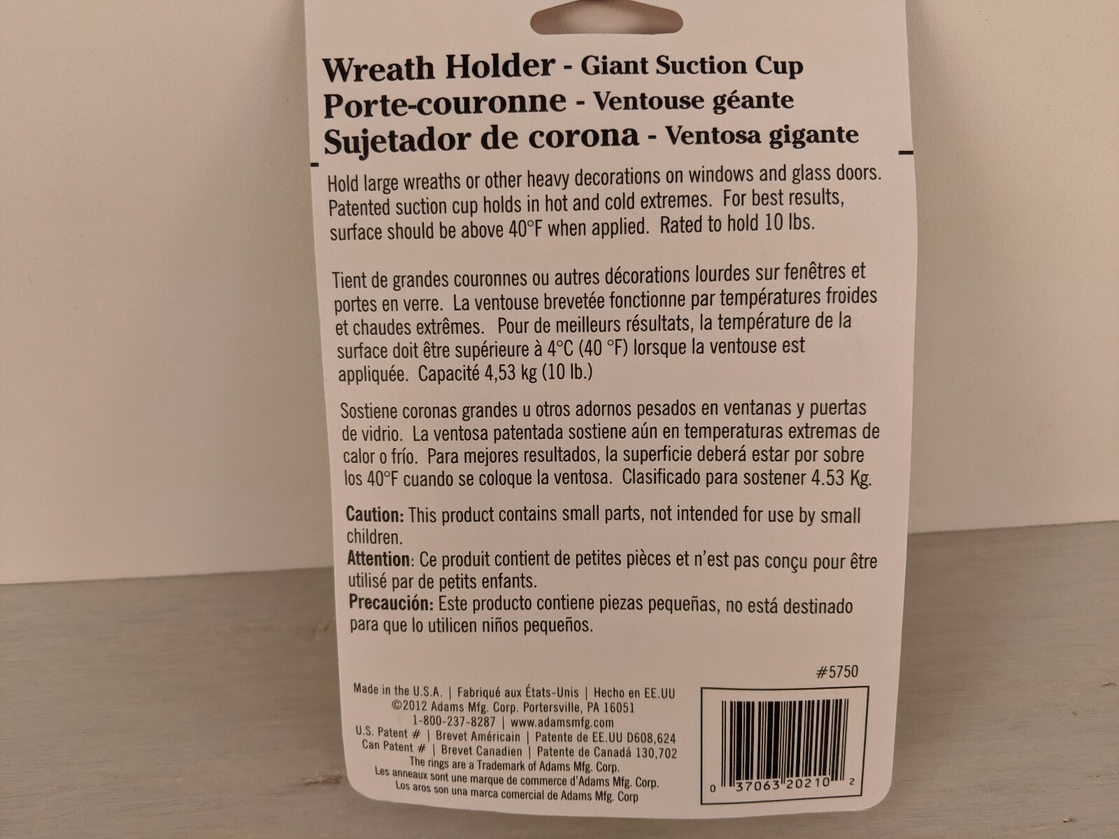 Adams Giant Suction Cup Wreath Holder Hook. Rated to hold 10 lbs
