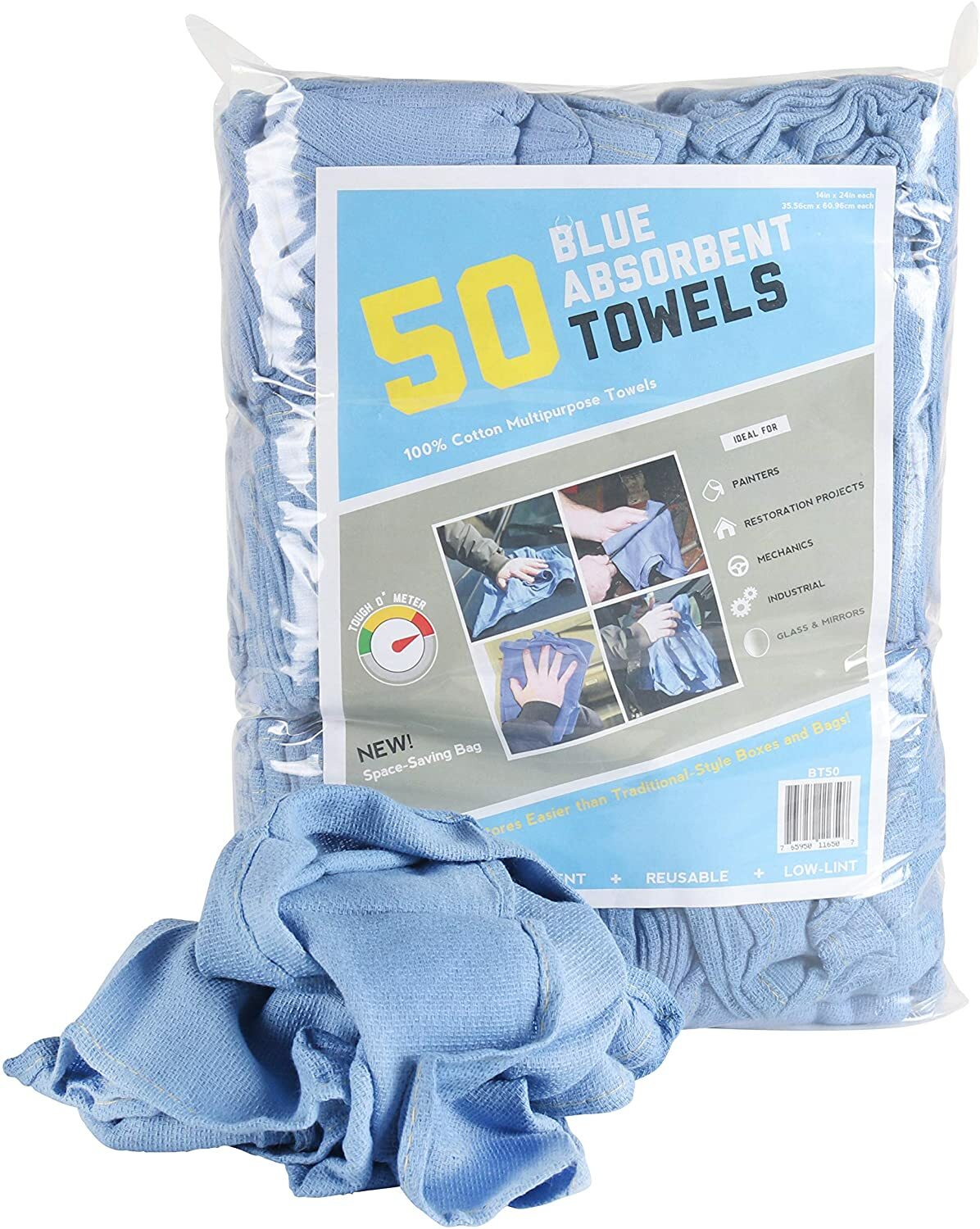 Bag of 50 Huck Cleaning Towels – 14 x 24 Cotton Reusable Blue Drying Cloth Rags