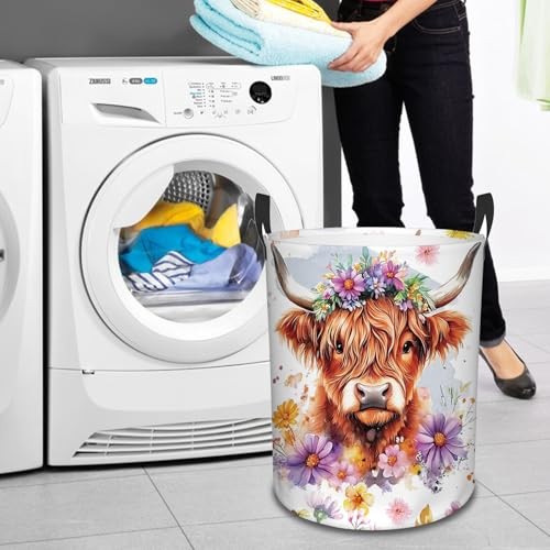 Highland Cow Laundry Basket, 43L Round Oxford Cloth Flower Highland Cattle
