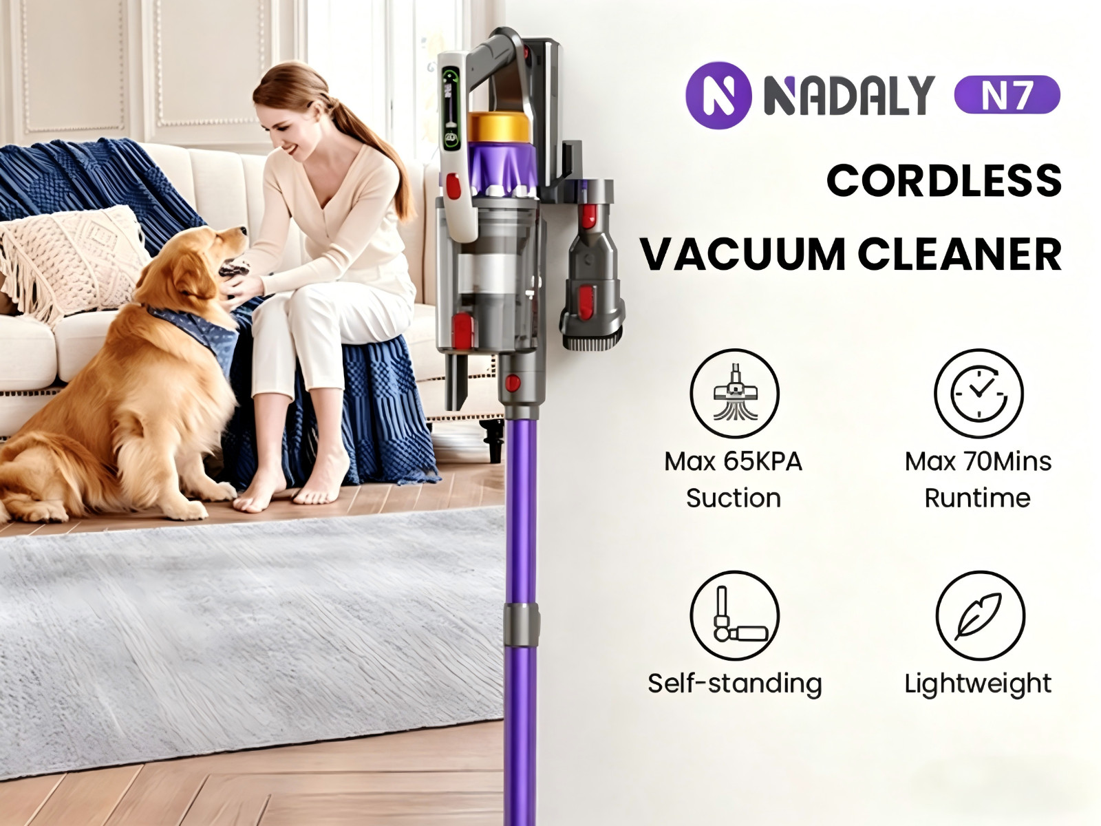 Cordless Vacuum Cleaner 65KPA 75min Stick Pet Hairs Hardwood Wooden Floor Carpet