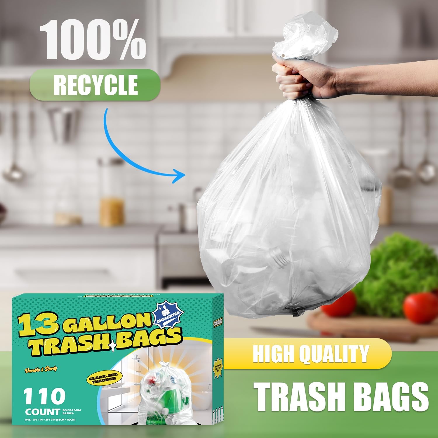 T.FORING 13 Gallon Tall Kitchen Trash Bags Unscented,1.1 Mil,Clear,110 Ct