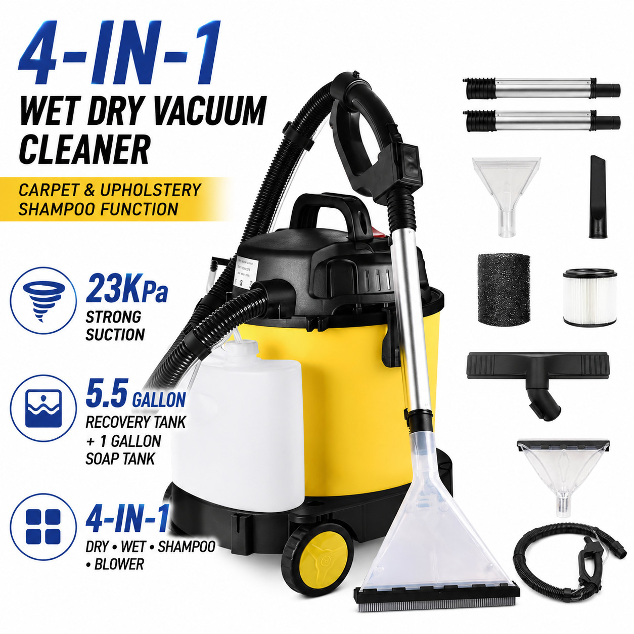 5.5 Peak HP Wet Dry Vacuum Cleaner 23KPa Carpet Upholstery Shampoo Blower 5.5Gal