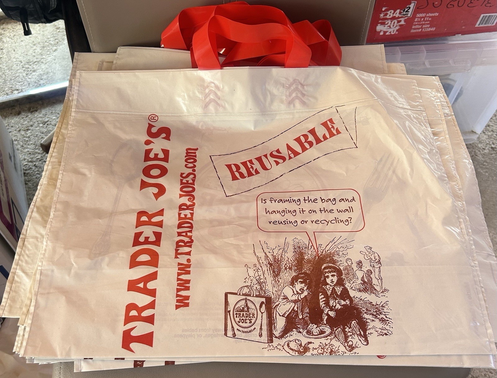 Trader Joe’s Reusable Shopping Bag Foldable LDPE Beige Red All-Over Pattern