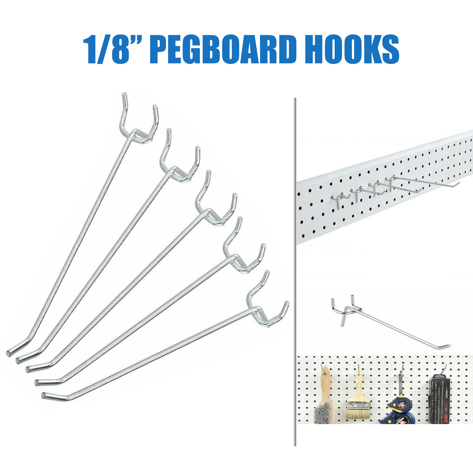 2″,4″,6″,8″ Long Peg Board Shelving Hooks 1/8″ Thick Zinc Steel-PACK 20,PACK 100