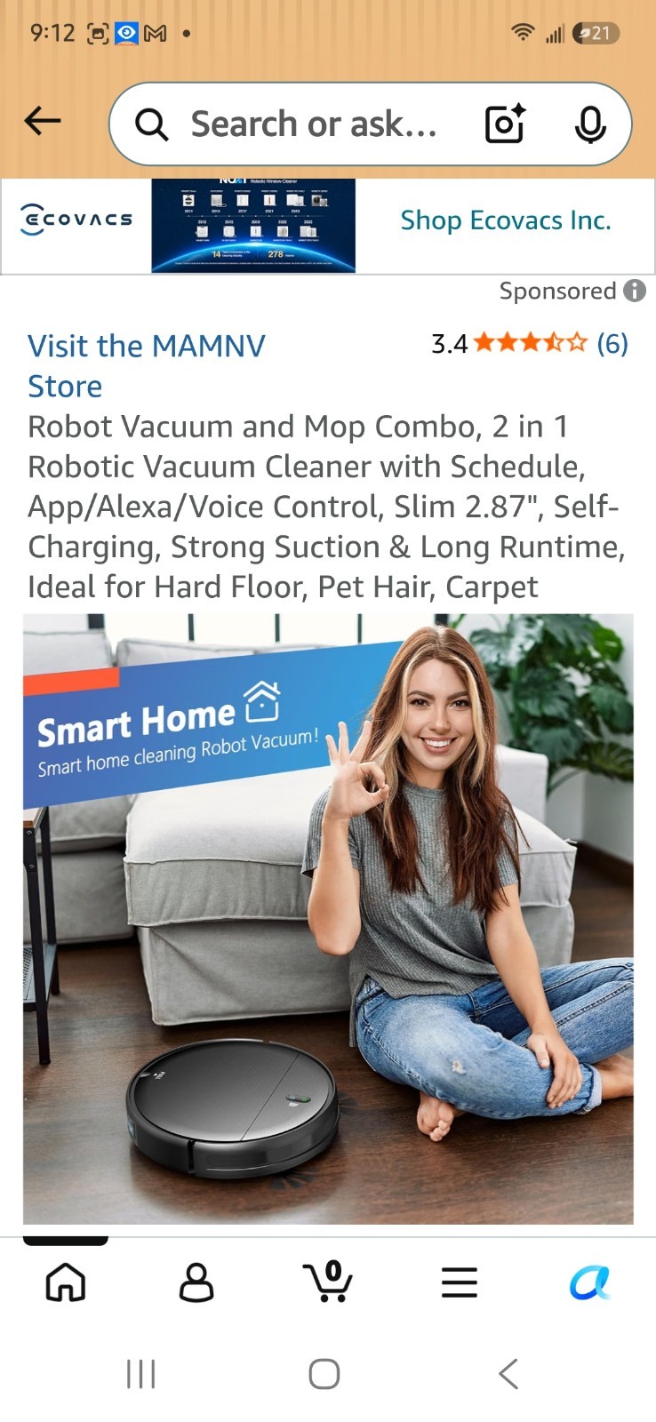 MAMNV Robot Vacuum and Mop Combo BR151 WiFi/App Control Needs Charger