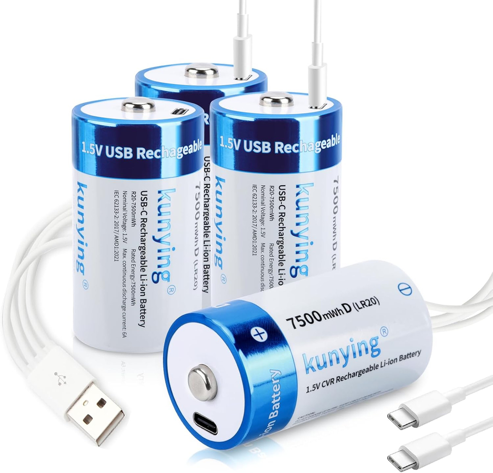 4-Pack Rechargeable Lithium D Batteries 7500mAh USB Charger for Flashlights
