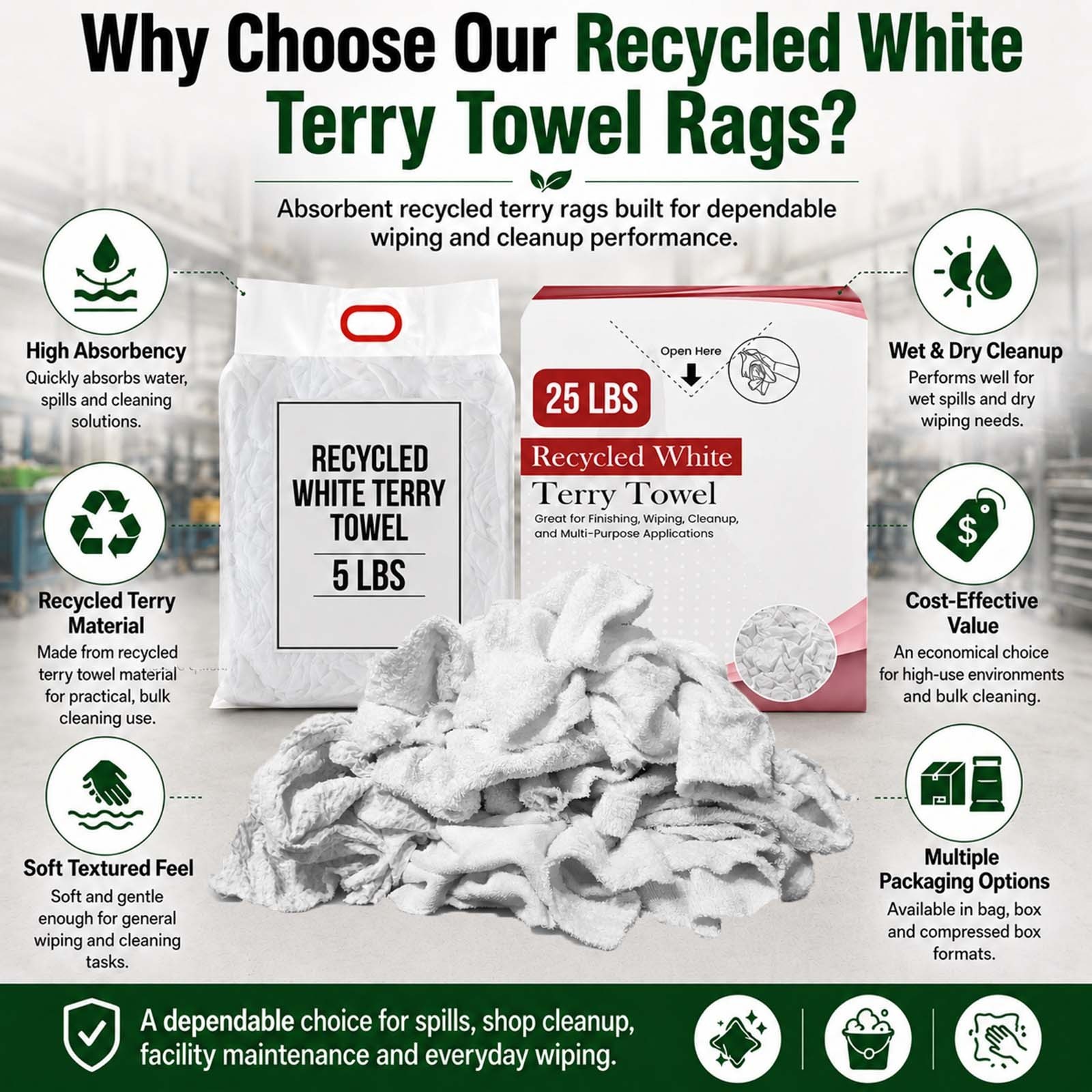 Recycled White Terry Towel Cleaning Rags – Bulk Cotton Shop Towels in Bags