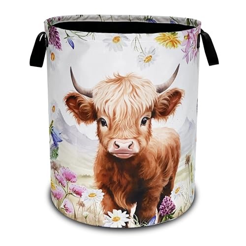 Laundry Basket Oxford Cloth Animal Flowers Laundry Hamper | With Highland Cow