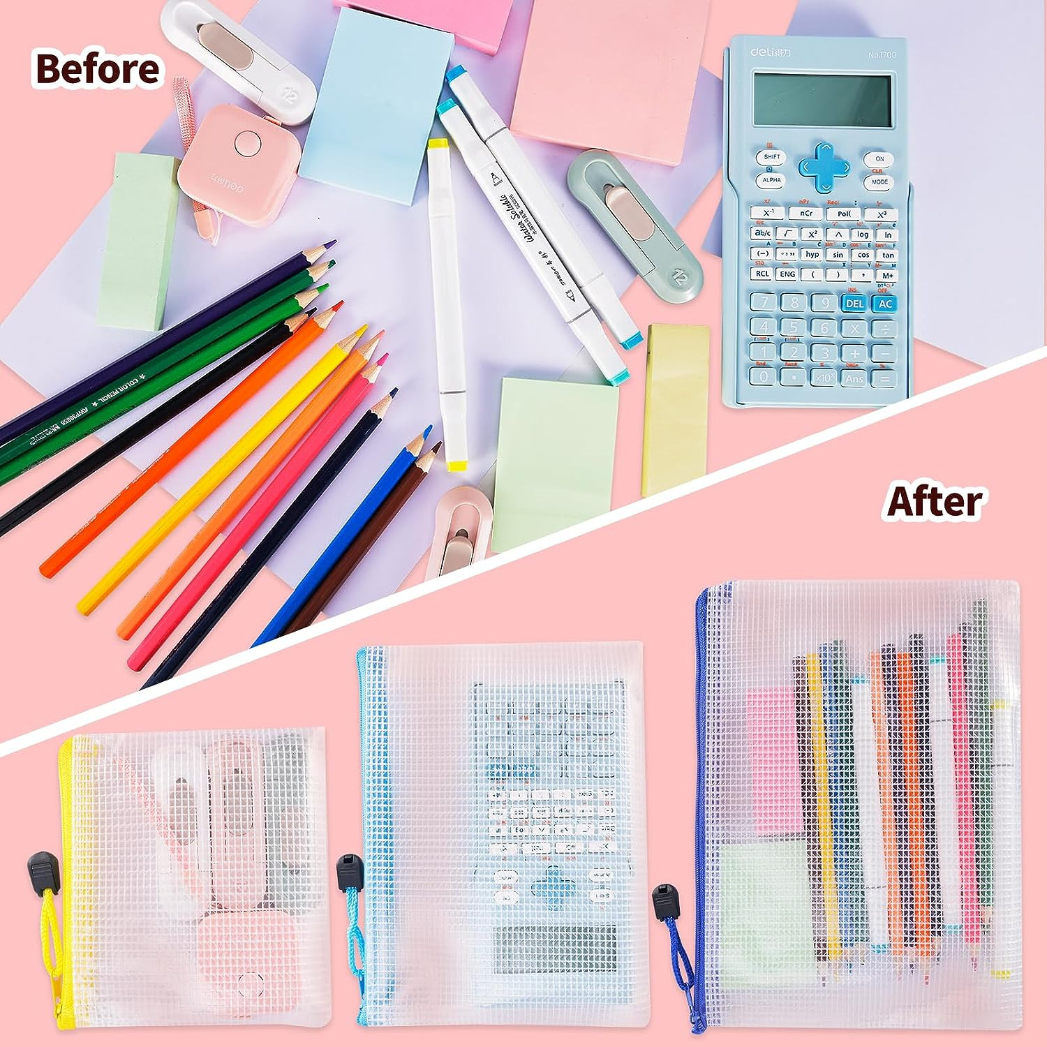 24Pcs Mesh Zipper Pouch Bags 8 Sizes Plastic Clear Pouches for Organization