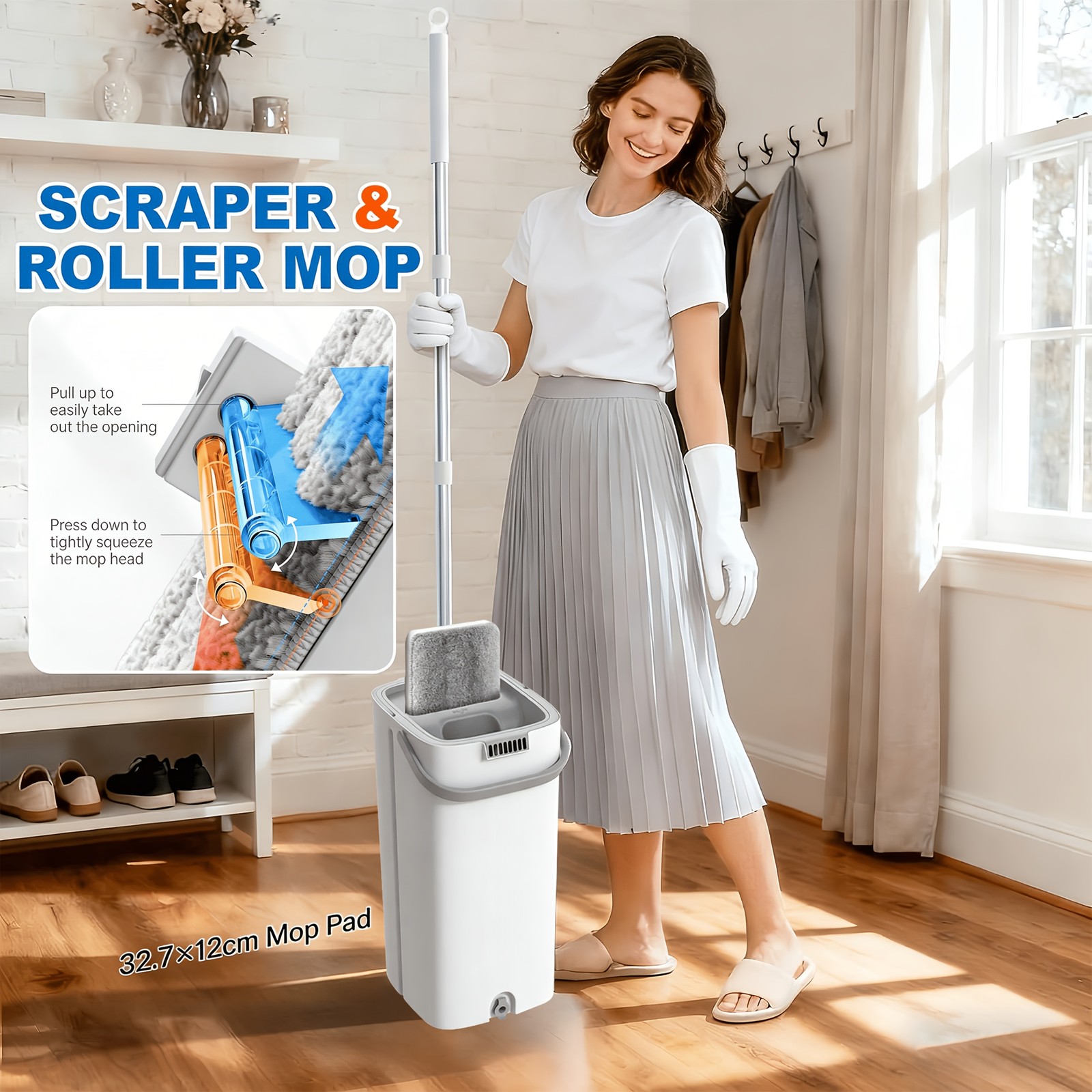 1 Set, Comes With 6 Replaceable Microfiber Pads, Household Mop And Bucket Set, H