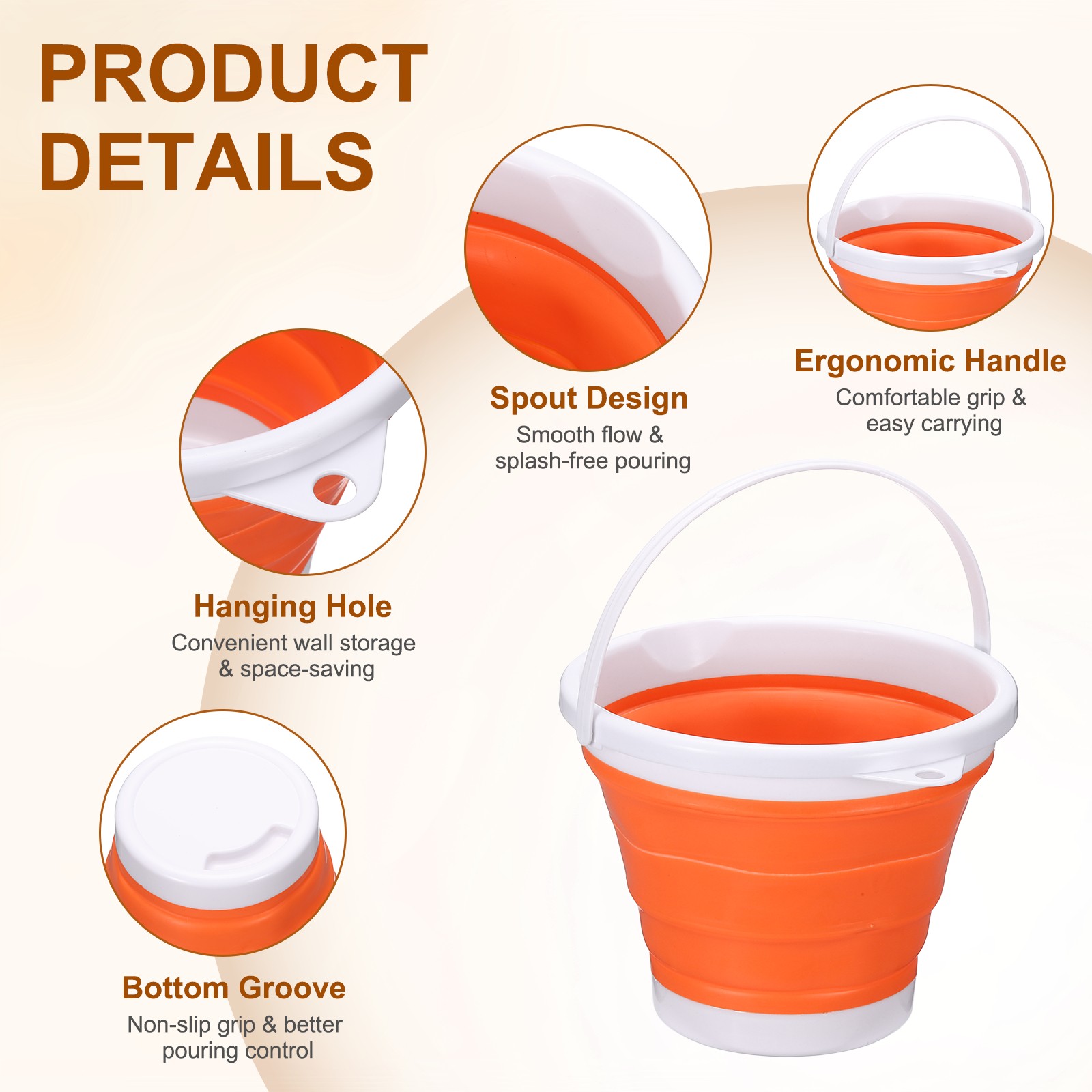 Collapsible Bucket 1.3 Gallon (5L) Small Foldable Bucket with Handle Orange