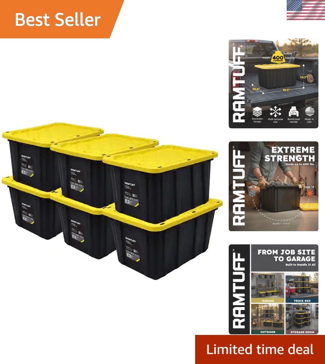 27 Gallon Heavy Duty Stackable Storage Containers with Snap-Tight Lid – 6-Pack