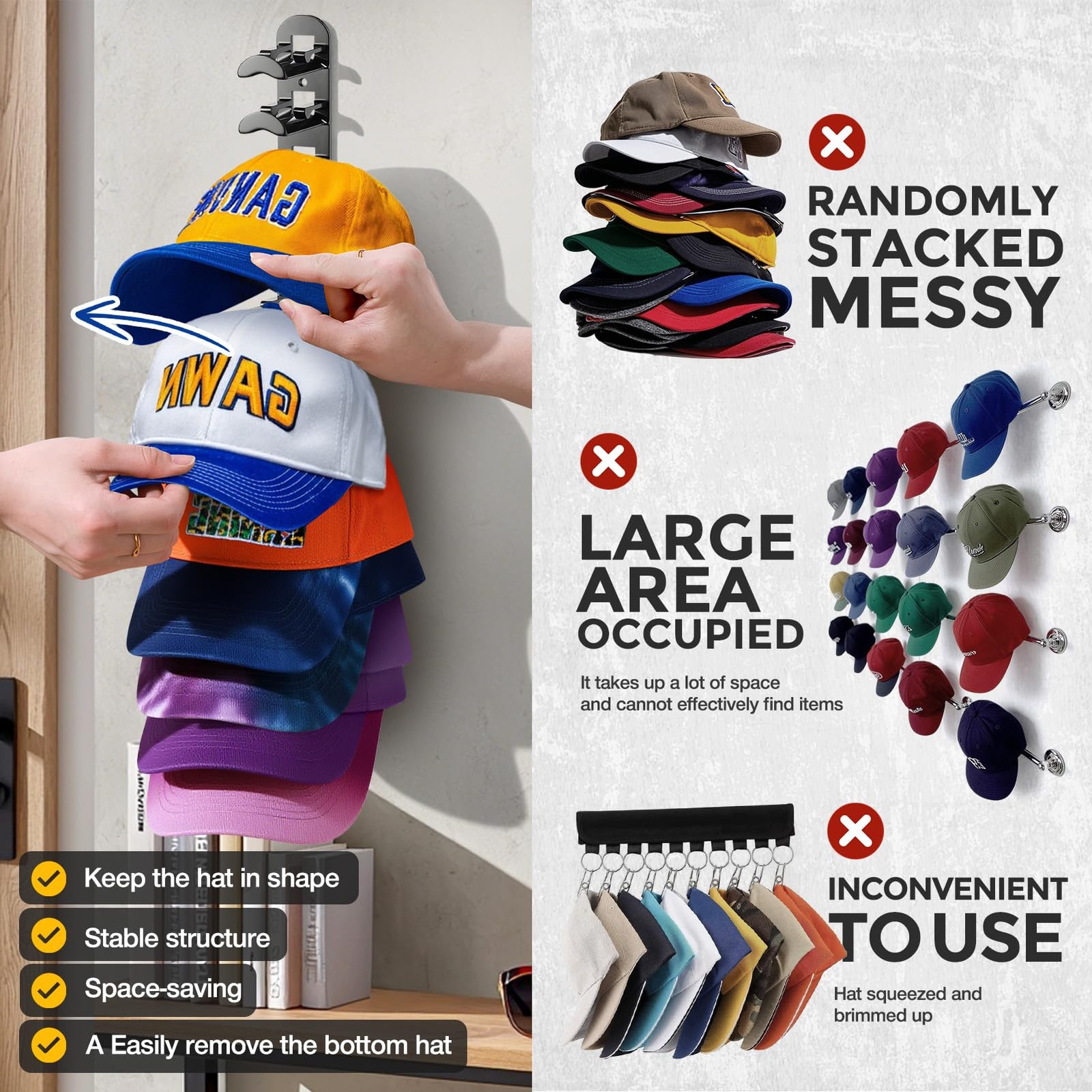Hat Hook for Wall, 2 Pack Hat Organizer Hold up to 20 Hats,Hat Holder with