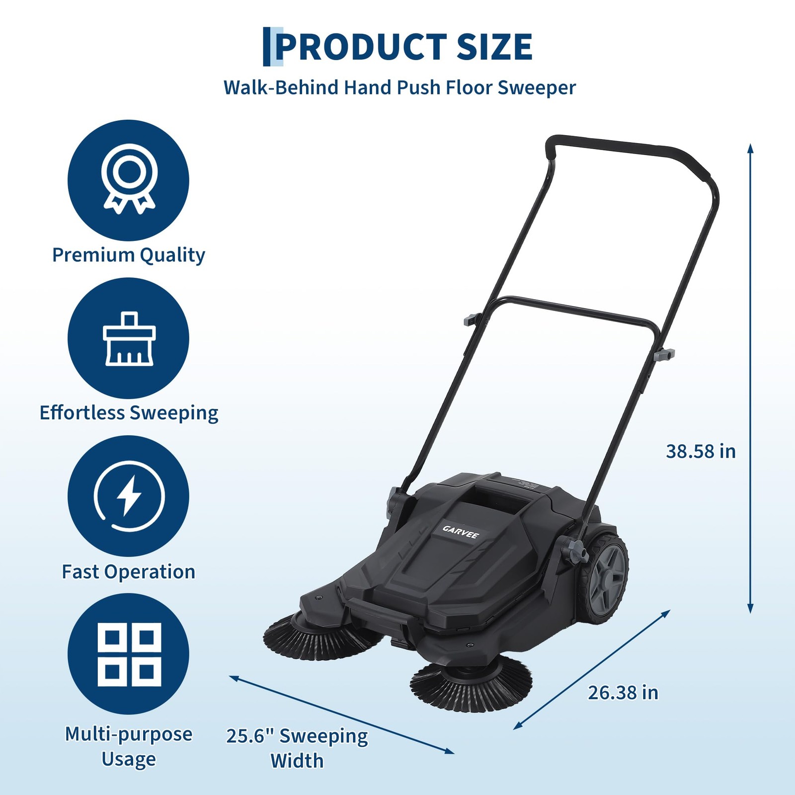 New Floor Sweeper Walk Behind Hand Push 25.6 Inch Width 5 Gal Waste Container
