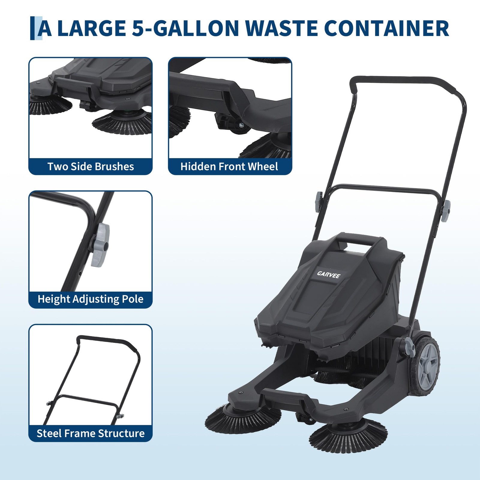 New Floor Sweeper Walk Behind Hand Push 25.6 Inch Width 5 Gal Waste Container