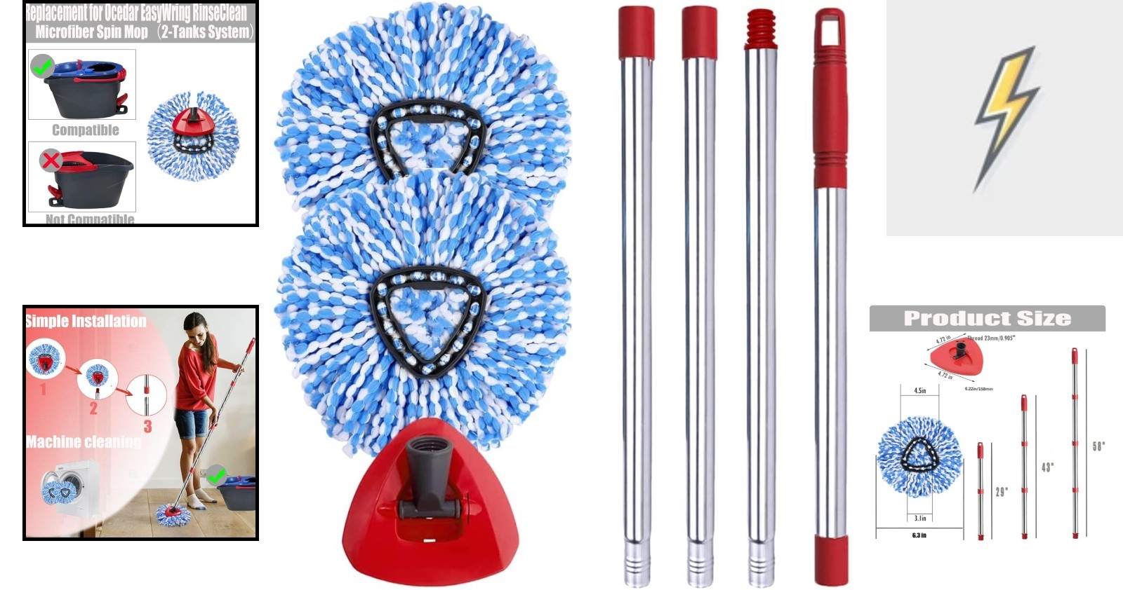 Adjustable Mop Handle & Triangle Base – 2 Microfiber Refills Set for EasyWring