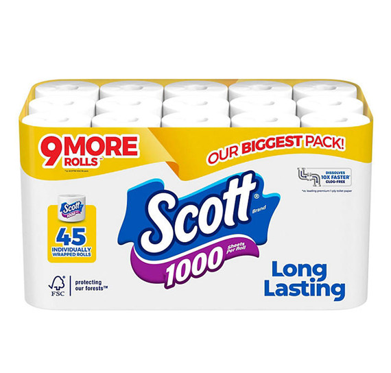 Scott 1000 1-Ply Toilet Paper 45 rolls, 1,000 sheets/roll – FREE shipping