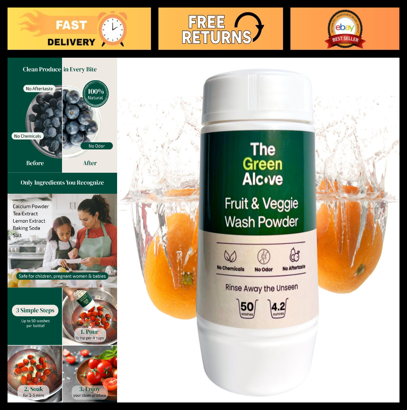 Natural Fruit & Vegetable Wash Powder – Produce Cleaner, Dirt & Residue Remover