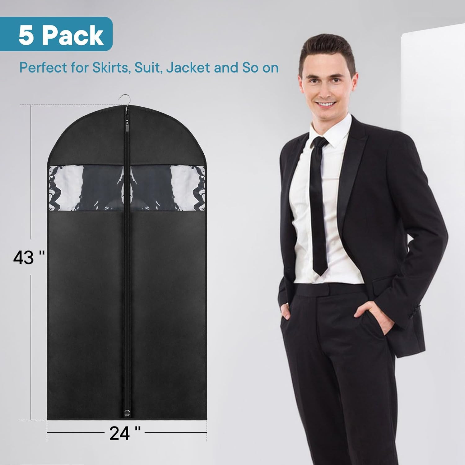 5 Pack 43 Black Garment Bag Mens Suit Bags for Closet Storage and Travel
