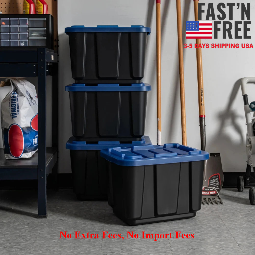 IRIS USA 12 Gal, Stackable Storage Totes, Plastic Bin with Lids, Black/Blue, 4PK