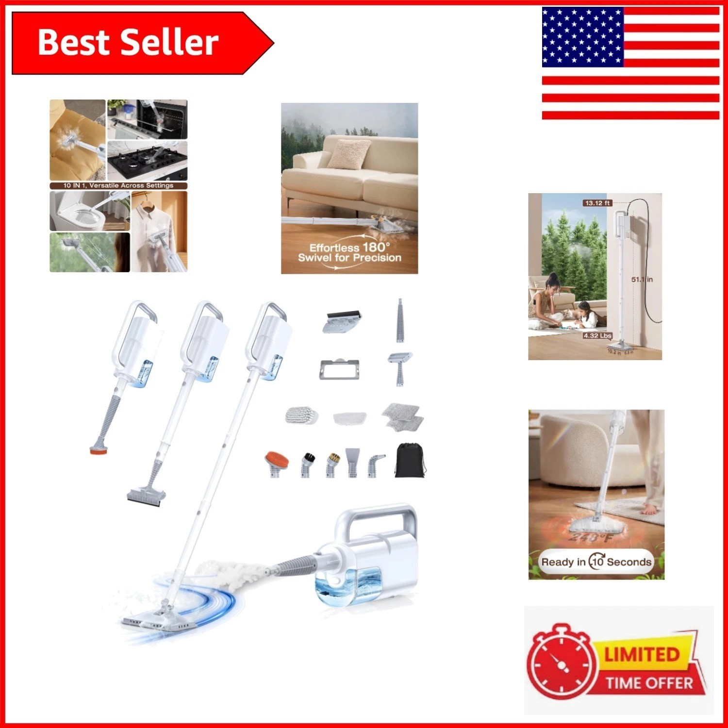 10s Heated Steam Mop: 350ml Tank & 248°F Cleaning Power for Ultimate Convenience