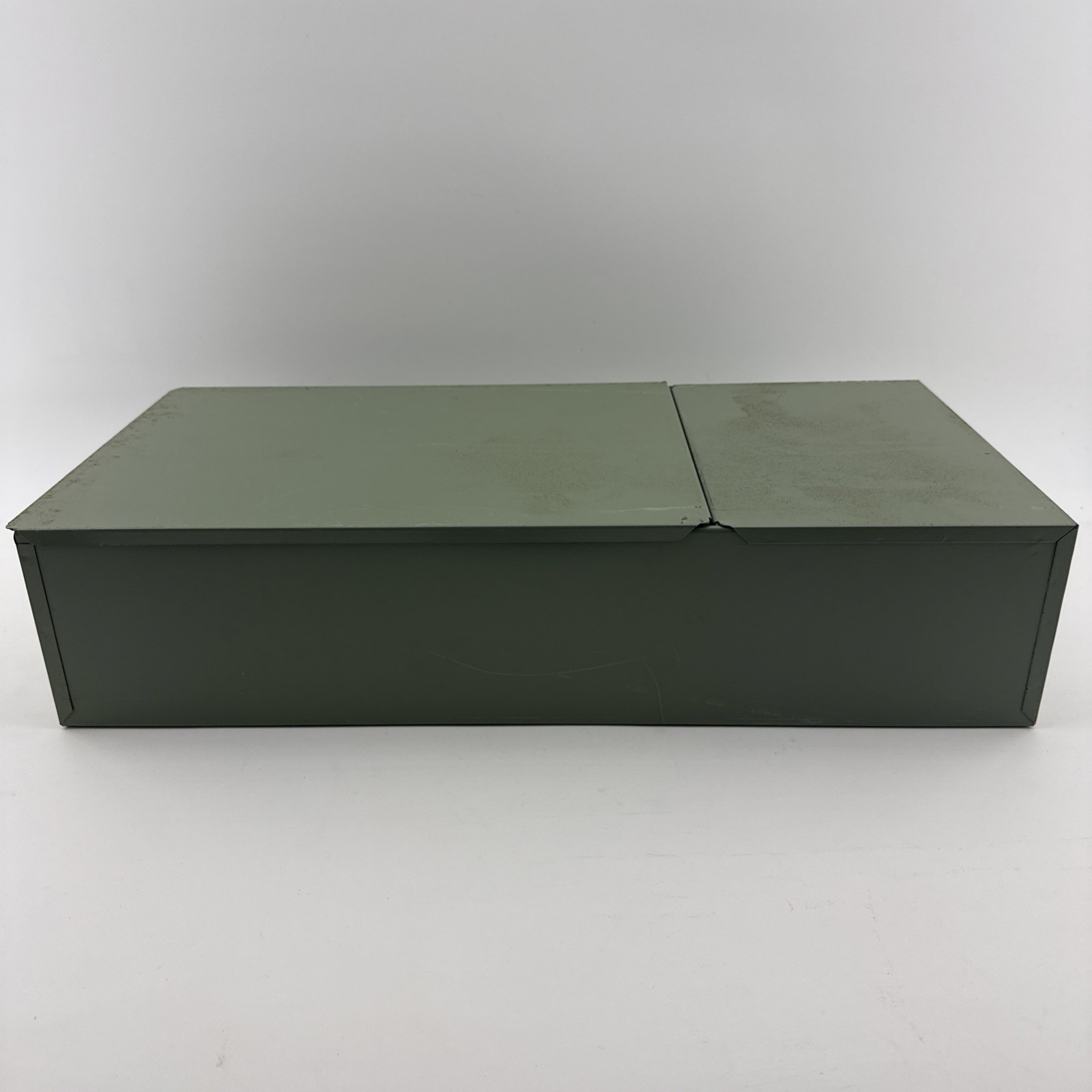 Vintage X-10 Light Green Metal Storage Box 21.5x10x5 Slide Lid