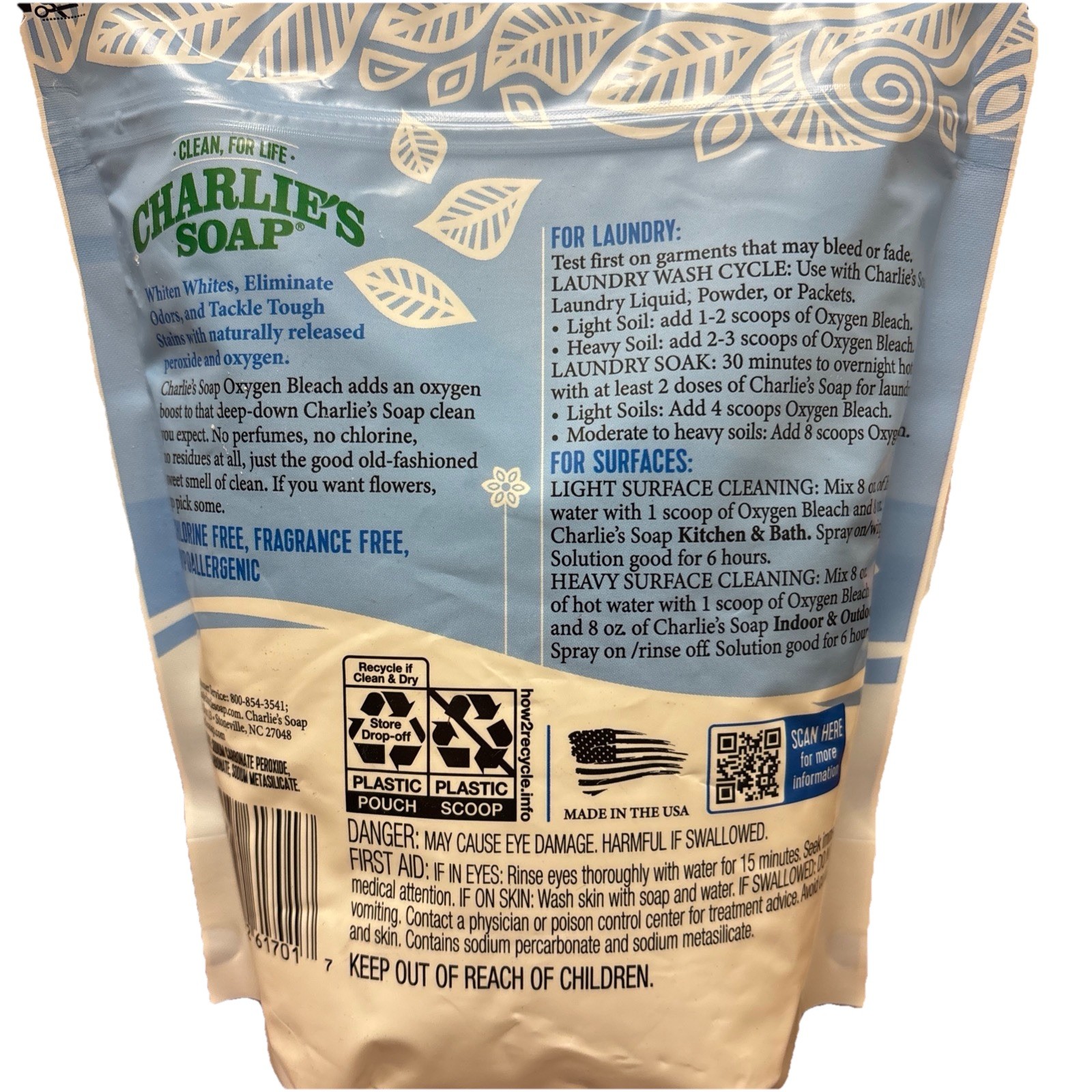 Charlie’s Soap Oxygen Bleach Powder, Color Safe Chlorine Free, 2.64 LBS