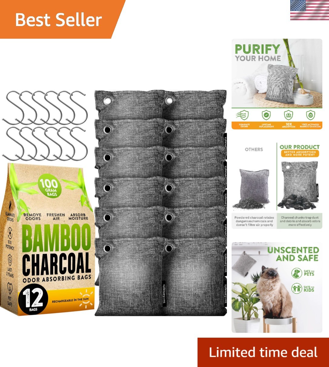 Natural Charcoal Odor Eliminator 100g Bags – Perfect for Shoes, Closet, & Cars