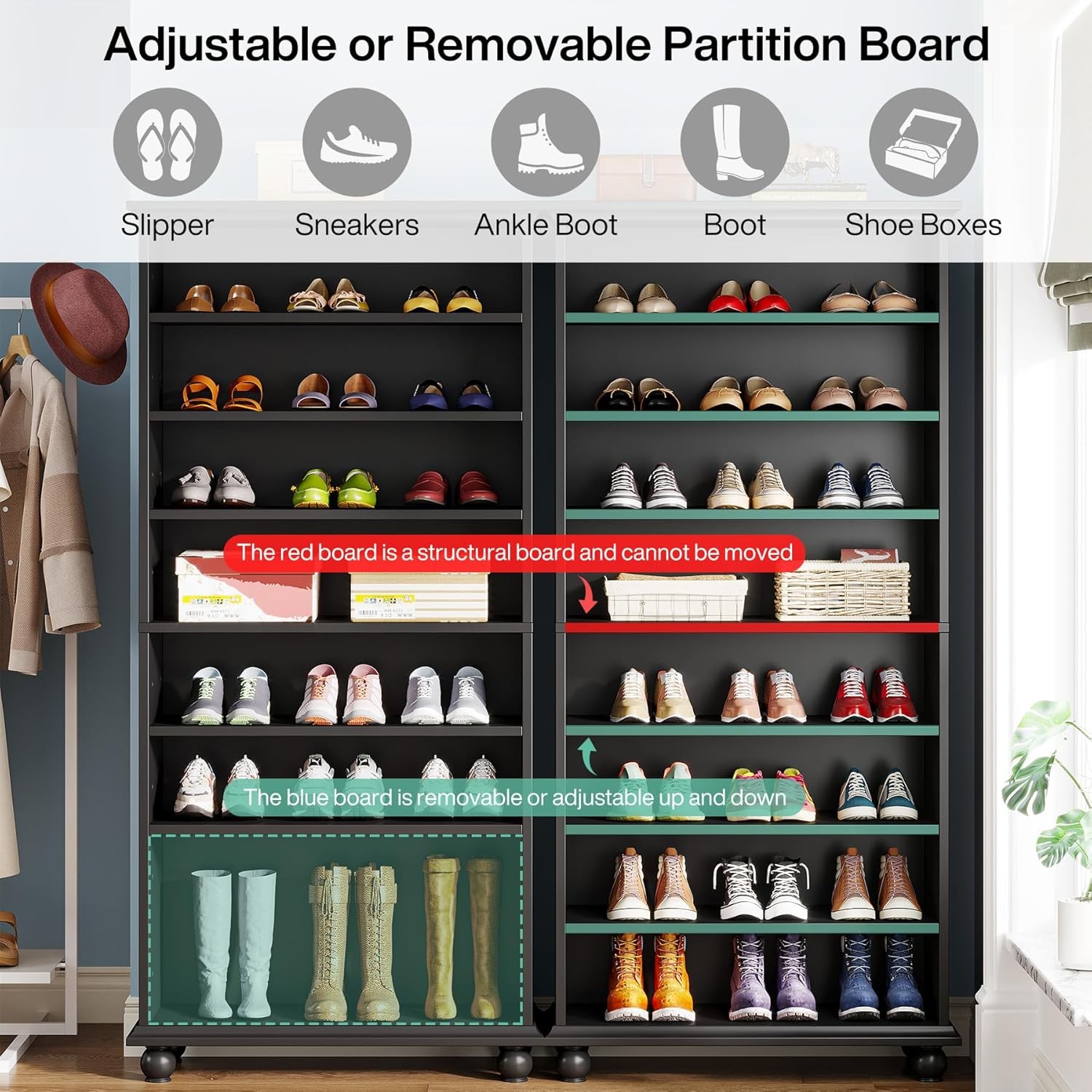 Narrow Tall Shoe Cabinet with LED Lighting, 9-Tier Freestanding Shoes Storage