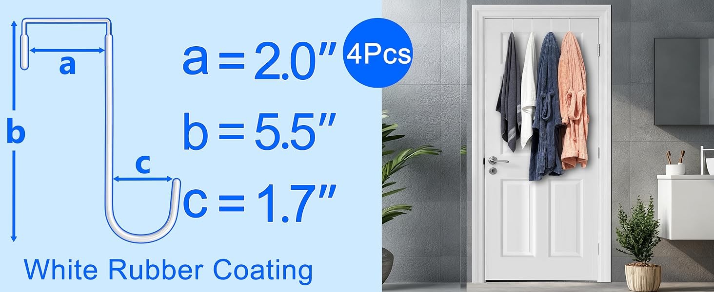 Single Over Door Steel Hooks 2 Pack Fit 1-3/8″ Door 5.5″ White | Plastic Coated