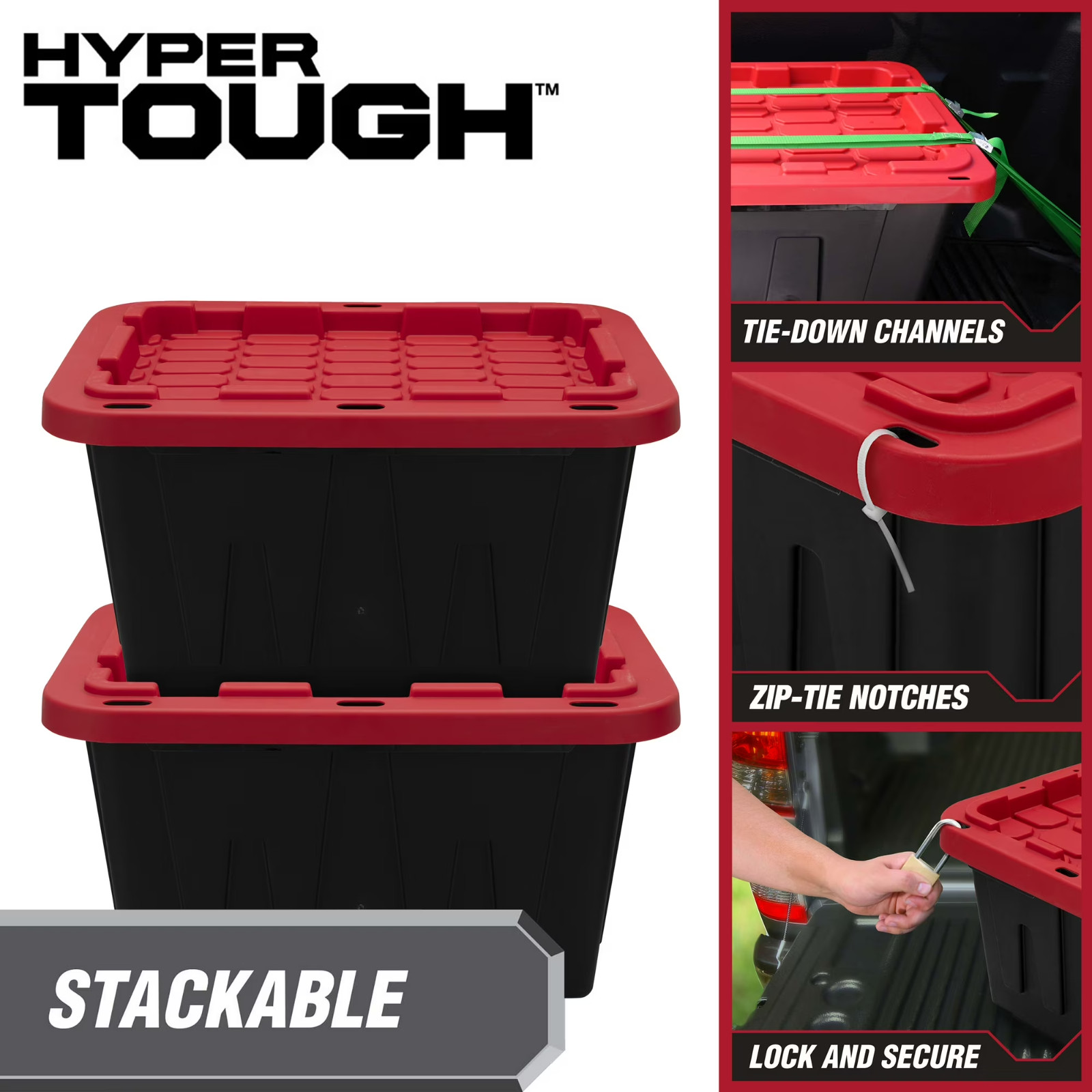 Hyper Tough 12 Gallon Storage Bin w/ Snap Lid, Black/Red Heavy Duty Container