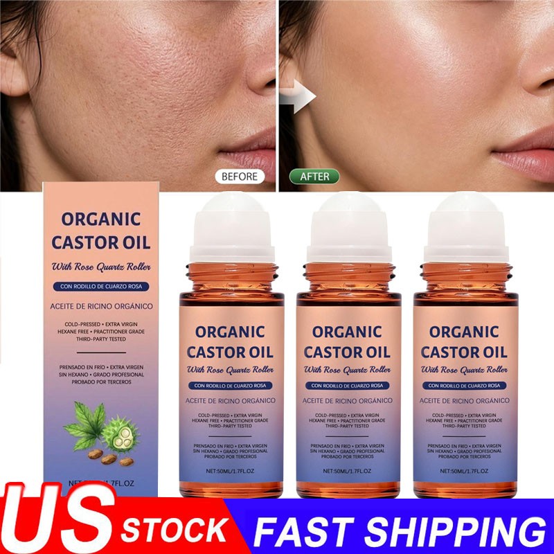 3x Organic Golden Castor Oil Roll-On with Rose Quartz for Skin,Hair&Wrinkle