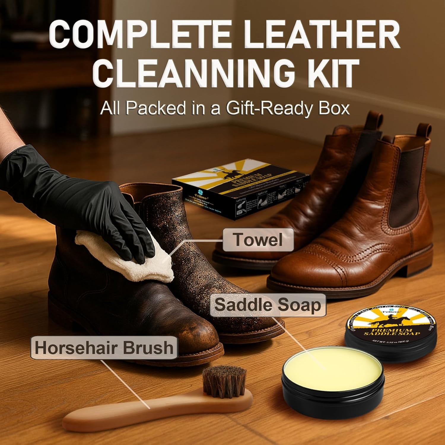 Essential Leather Care 3-in-1 Kit with Saddle Soap, Brush & Cloth – 3.52oz