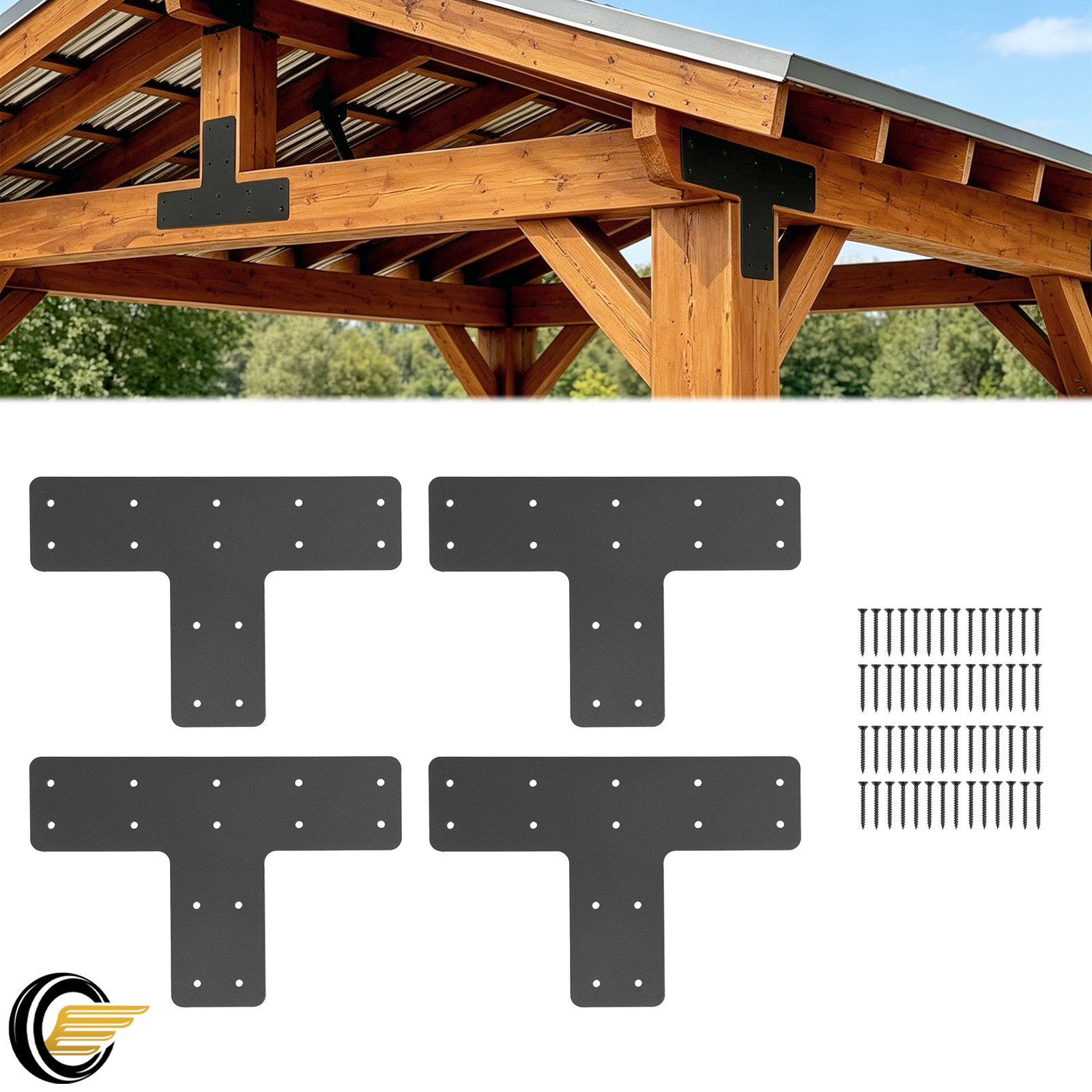 12*8″ 4PCS T Post Frame Pergola Bracket Flat Mending Plate Fit 4×4″,6″x6″ Lumber