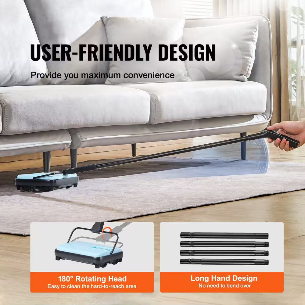 Blue Manual Cordless Carpet Sweeper-Pet Hair/Dust Cleaning Home Office