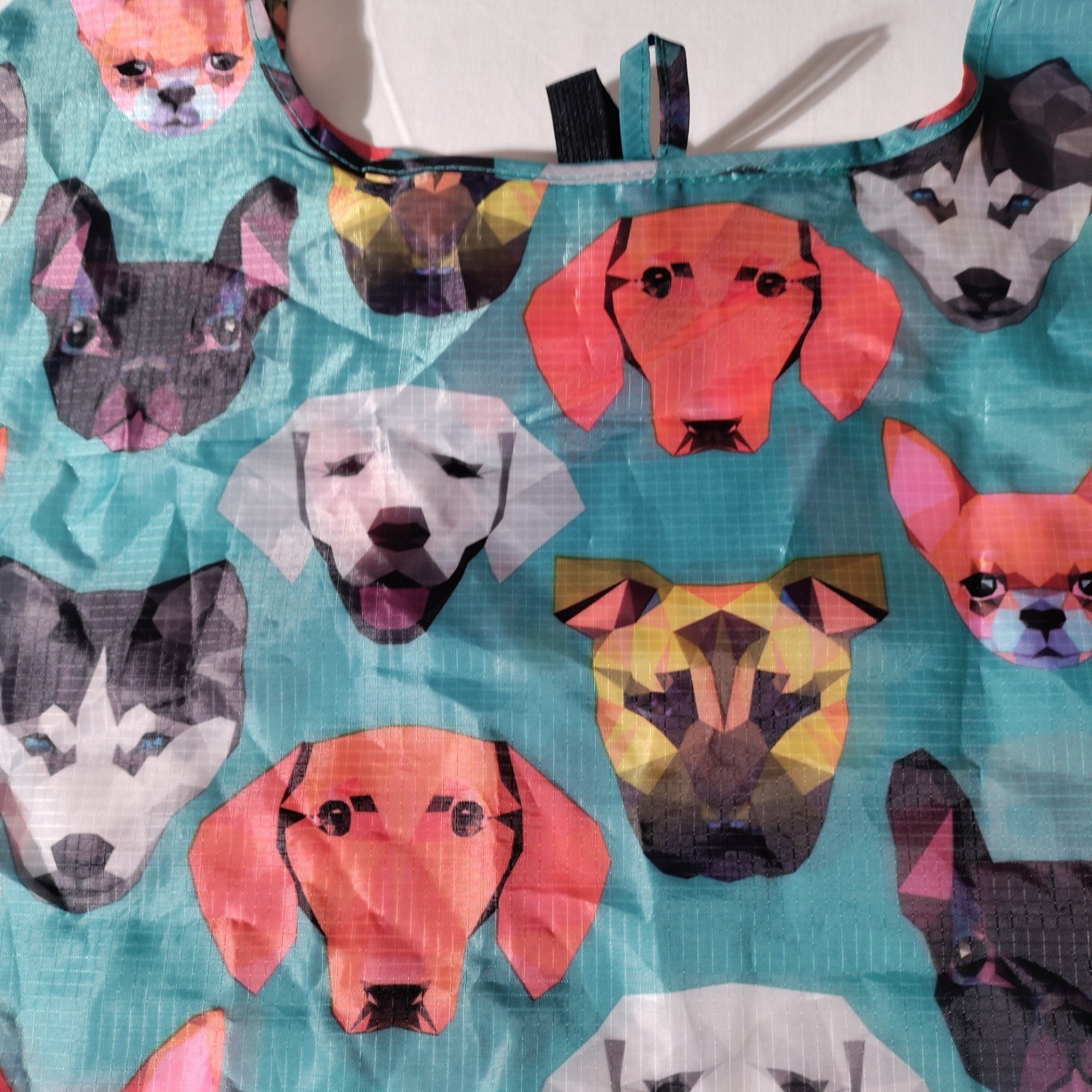 BeeGreen Reusable Nylon Shopping Teal/ Blue Tote Bag with Dog Faces All Over