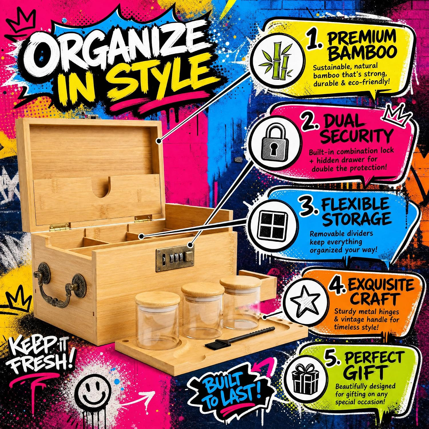 Large Bamboo Storage Box with Combination Lock & Hidden Drawer- Premium Smell
