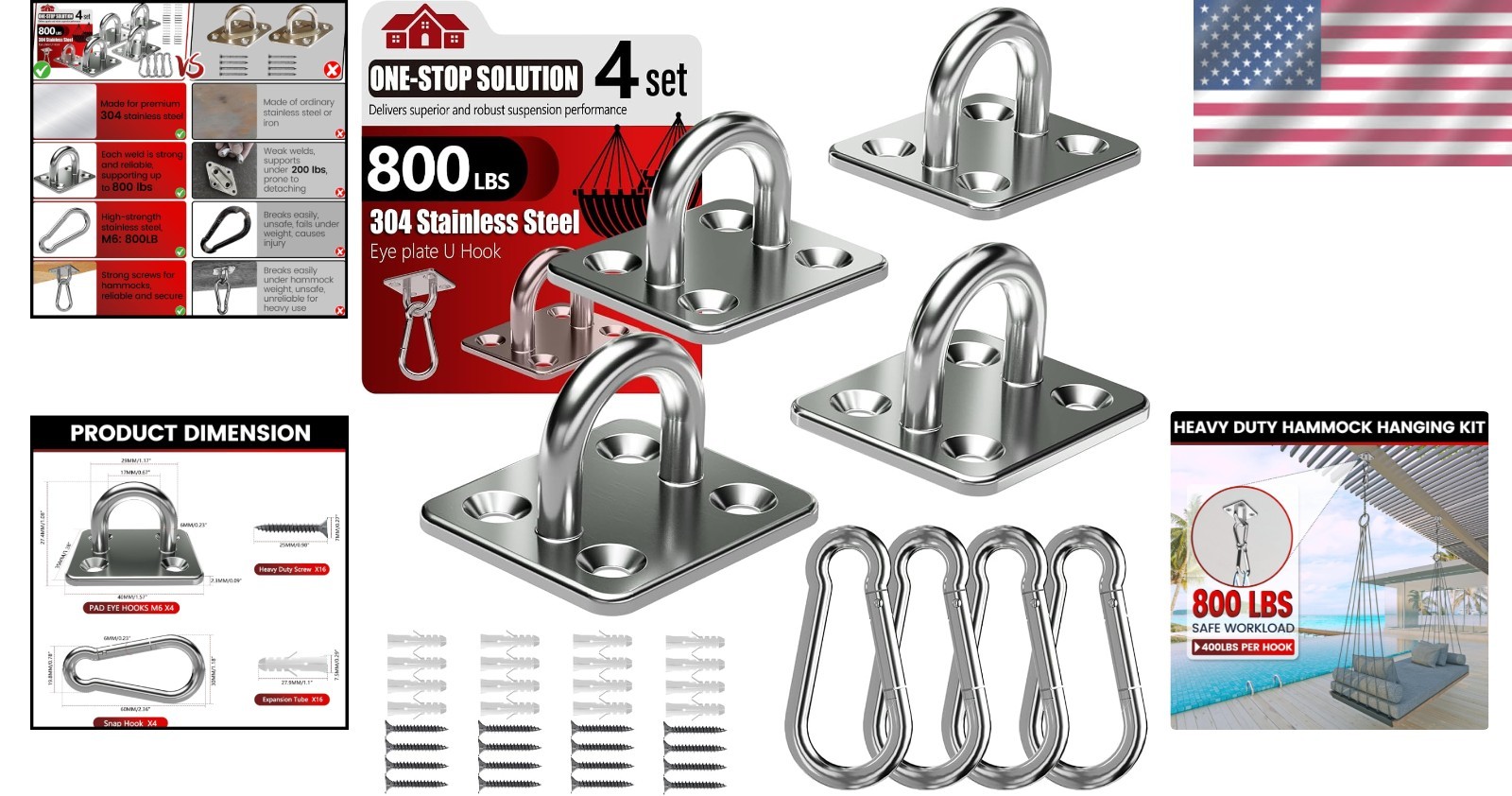 Set of 8 Heavy-Duty Stainless Steel Pad Eye Snap Hooks – 800 lb Capacity