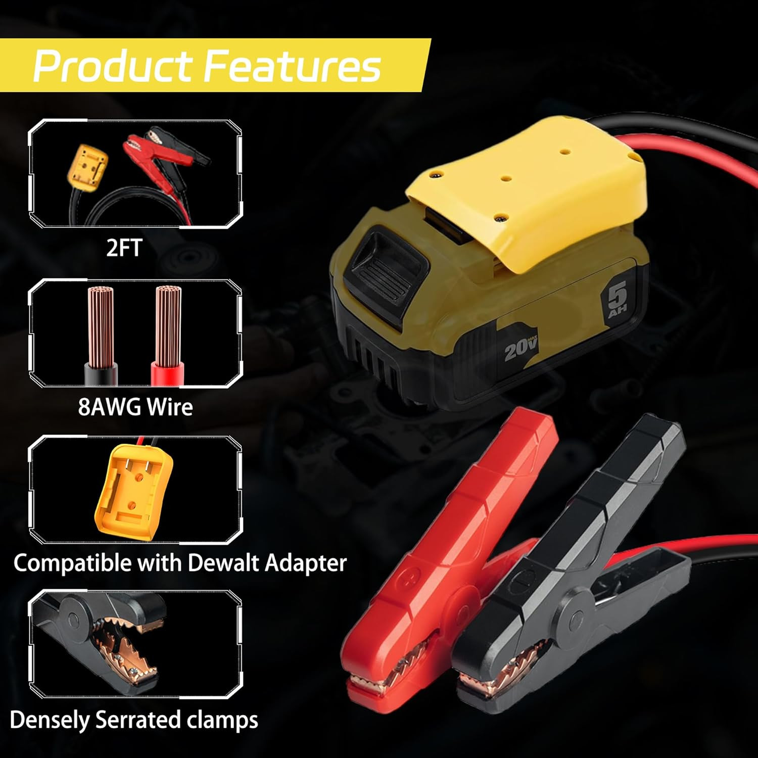 20V Jumper Cables Adapter for Dewalt- 2FT 8AWG Purple Copper, Large Clamps, Port