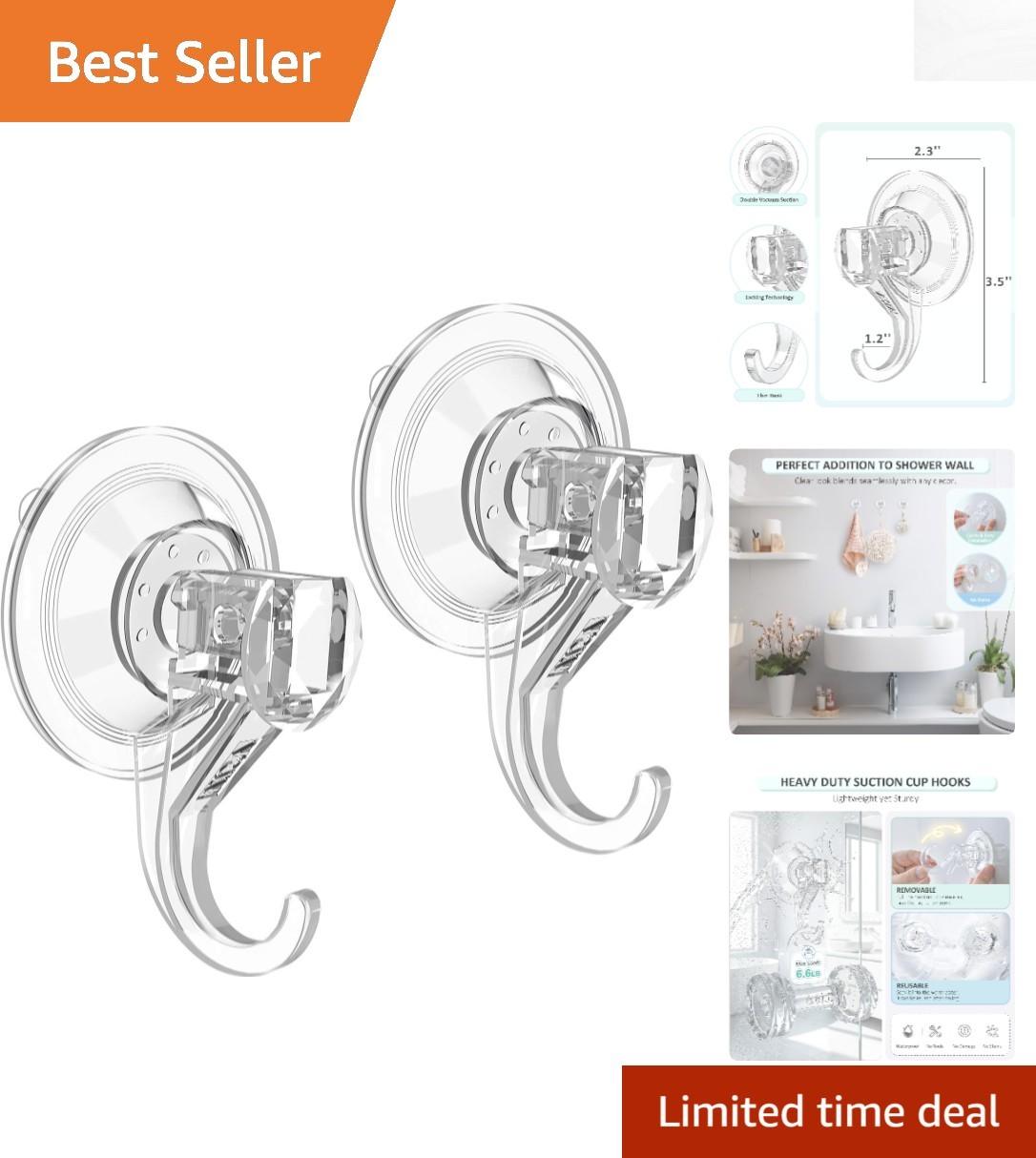 Minimalist Clear Suction Hooks – Heavy-Duty, Reusable, 6.6 lb Capacity – 2 Pack
