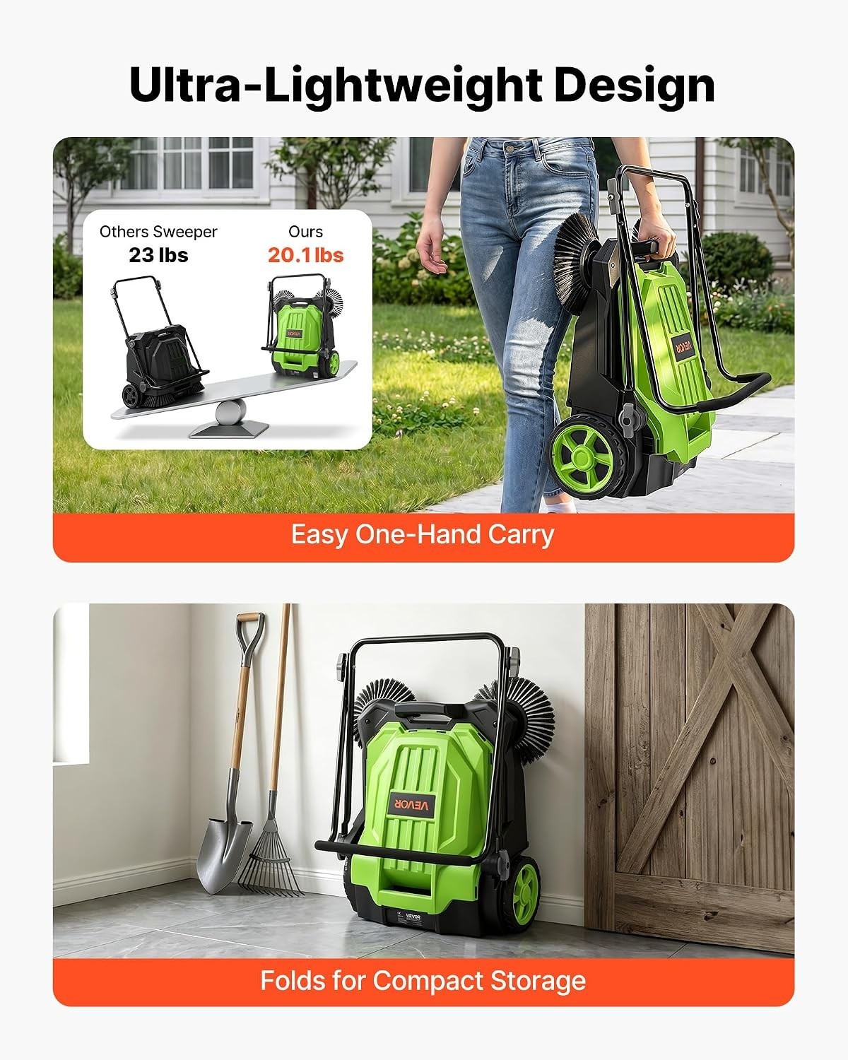 Pro Floor Sweeper, Manual Push, 25.6″ Wide, 5 Gal Bin, Ergonomic Folding Handle