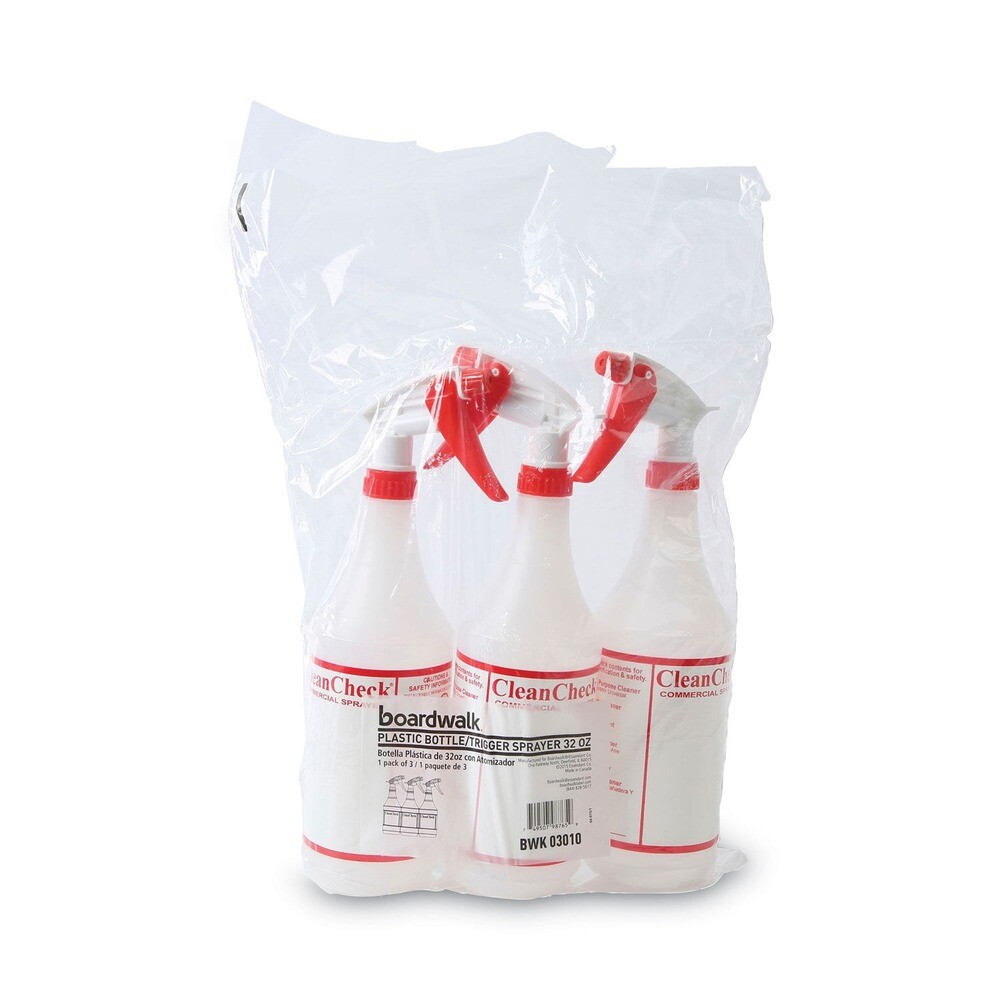 Boardwalk 3010 HDPE 32 oz. Trigger Spray Bottles – Clear/Red (3/Pack) New