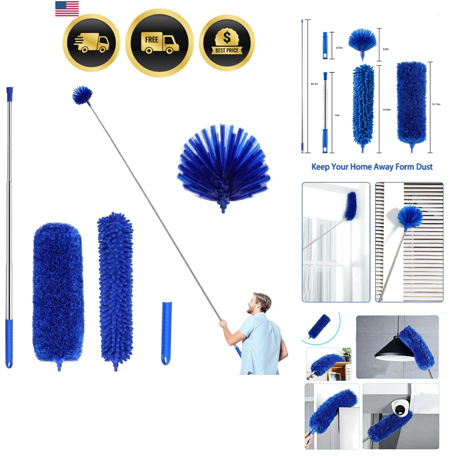 Duster, Microfiber Dusters with 2 Handle Sets, Durable 15-98.1 Inches Long Te…
