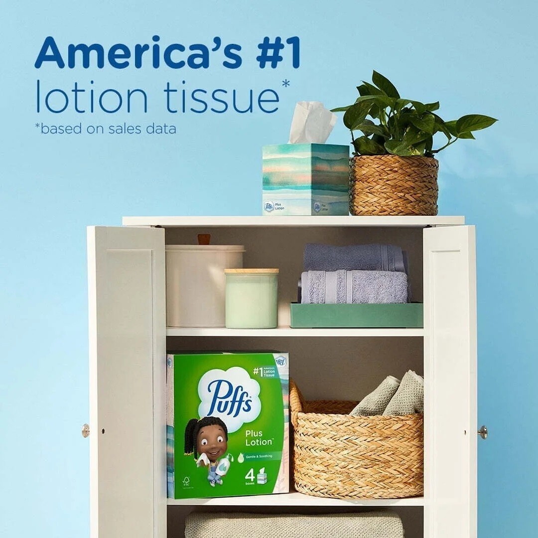 Puffs Plus Lotion Facial Tissue, 6 Family Size Boxes, 124 Tissues per Box